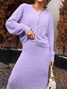 Fluffy Knit Bodycon Jumper Dress & Lantern Sleeve Cardigan - Lilac Purple - View 4
