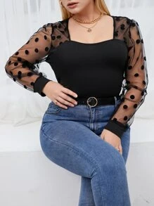 Celure áo nữ kích thước lớn Tương phản Mesh Chấm bi Thanh lịch - màu đen - Xem 1