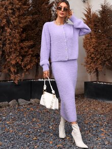Fluffy Knit Bodycon Jumper Dress & Lantern Sleeve Cardigan - Lilac Purple - View 5