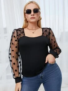 Celure áo nữ kích thước lớn Tương phản Mesh Chấm bi Thanh lịch - màu đen - Xem 3