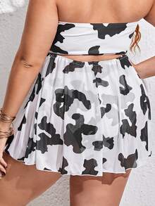 Plus Cow Print Tie Cover Up Skirt, For Summer Beach Vacation - Black and White - View 2