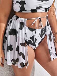 Plus Cow Print Tie Cover Up Skirt, For Summer Beach Vacation - Black and White - View 3