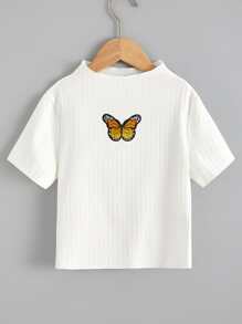 女孩蝴蝶刺繡補丁貼小高領T恤 - 白色 - 查看 1