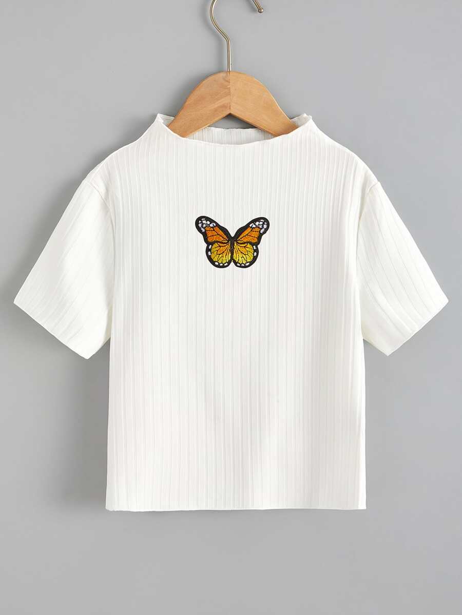 女孩蝴蝶刺繡補丁貼小高領T恤 - 白色 - 查看 1