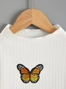 女孩蝴蝶刺繡補丁貼小高領T恤 - 白色 - 查看 3