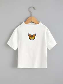 女孩蝴蝶刺繡補丁貼小高領T恤 - 白色 - 查看 5
