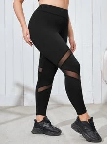 Plus Lightweight Contrast Mesh Sports Leggings - Black - View 1