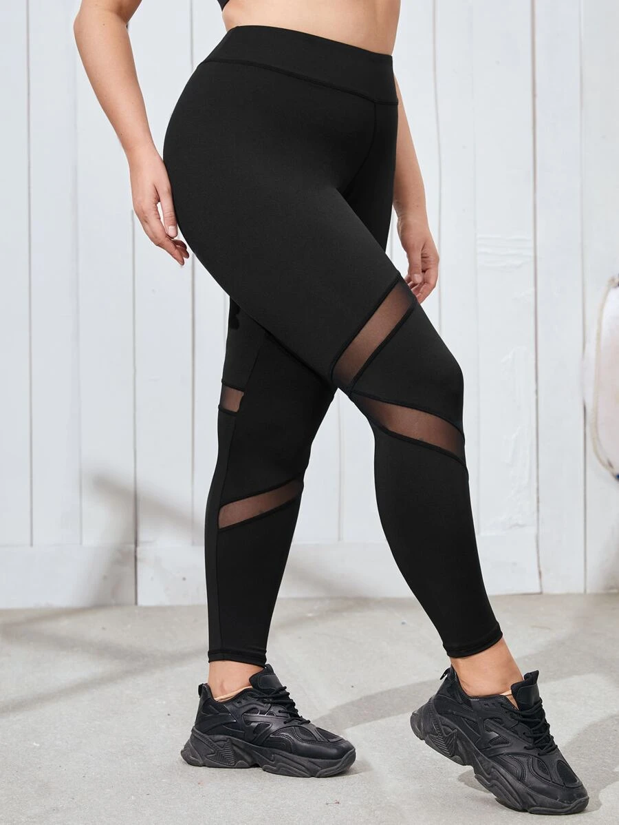 Plus Lightweight Contrast Mesh Sports Leggings - Black - View 1