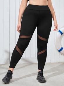 Plus Lightweight Contrast Mesh Sports Leggings - Black - View 3