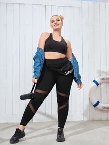 Plus Lightweight Contrast Mesh Sports Leggings - Black - View 4