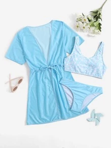 Tween Girl 3packs Ditsy Floral Bikini Set With Drawstring Waist Kimono Summer Beach - Blue and White - View 1