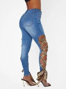 SHEIN SXY 高腰豹紋印花繫帶牛仔褲 - 中等水洗藍 - 查看 3