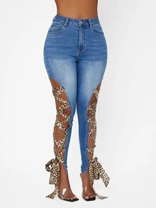 SHEIN SXY 高腰豹紋印花繫帶牛仔褲 - 中等水洗藍 - 查看 4