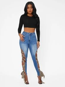 SHEIN SXY 高腰豹紋印花繫帶牛仔褲 - 中等水洗藍 - 查看 5