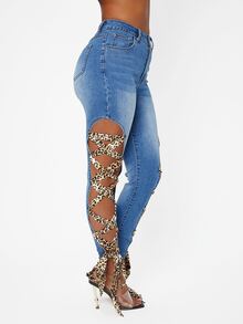SHEIN SXY 高腰豹紋印花繫帶牛仔褲 - 中等水洗藍 - 查看 6
