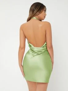 SHEIN 堆堆領露背緞面緊身洋裝 - 薄荷綠 - 查看 2