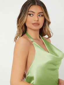 SHEIN 堆堆領露背緞面緊身洋裝 - 薄荷綠 - 查看 6