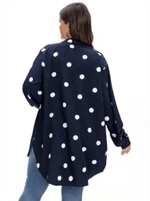 Plus Polka Dot Button Through Shirt - Navy Blue - View 2