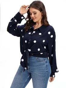 Plus Polka Dot Button Through Shirt - Navy Blue - View 3