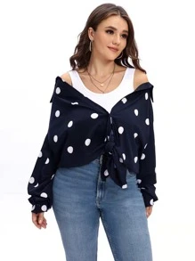 Plus Polka Dot Button Through Shirt - Navy Blue - View 5