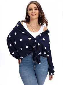 Plus Polka Dot Button Through Shirt - Navy Blue - View 7