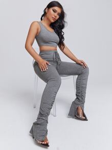 SHEIN SXY Top tank corto & Leggings con nudo delantero bajo con fruncido - Gris - Ver 1