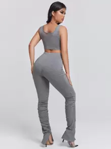 SHEIN SXY Top tank corto & Leggings con nudo delantero bajo con fruncido - Gris - Ver 2