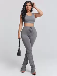 SHEIN SXY Top tank corto & Leggings con nudo delantero bajo con fruncido - Gris - Ver 3