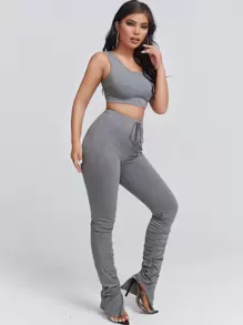 SHEIN SXY Top tank corto & Leggings con nudo delantero bajo con fruncido - Gris - Ver 4