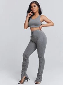 SHEIN SXY Top tank corto & Leggings con nudo delantero bajo con fruncido - Gris - Ver 5