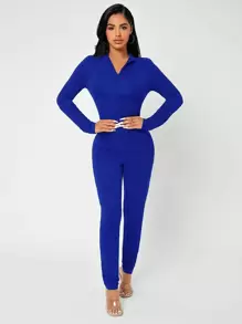 SHEIN SXY 拉鏈開襟彈力緊身連體褲 - 寶藍色 - 查看 4