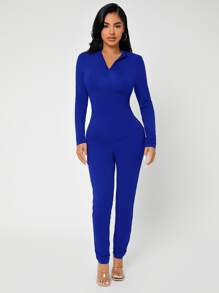 SHEIN SXY 拉鏈開襟彈力緊身連體褲 - 寶藍色 - 查看 5