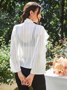 Modelyn 繫帶領荷葉邊雪紡上衣不附胸罩 - 白色 - 查看 2