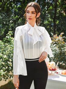 Modelyn 繫帶領荷葉邊雪紡上衣不附胸罩 - 白色 - 查看 1