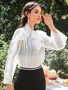 Modelyn 繫帶領荷葉邊雪紡上衣不附胸罩 - 白色 - 查看 5