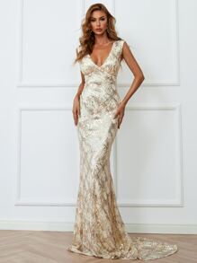 Missord Deep V Neck Contrast Sequins Dress - Champagne - View 1