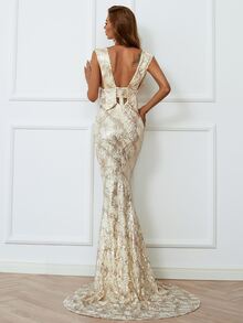 Missord Deep V Neck Contrast Sequins Dress - Champagne - View 2