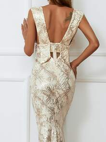 Missord Deep V Neck Contrast Sequins Dress - Champagne - View 4