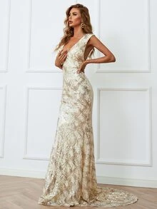 Missord Deep V Neck Contrast Sequins Dress - Champagne - View 8