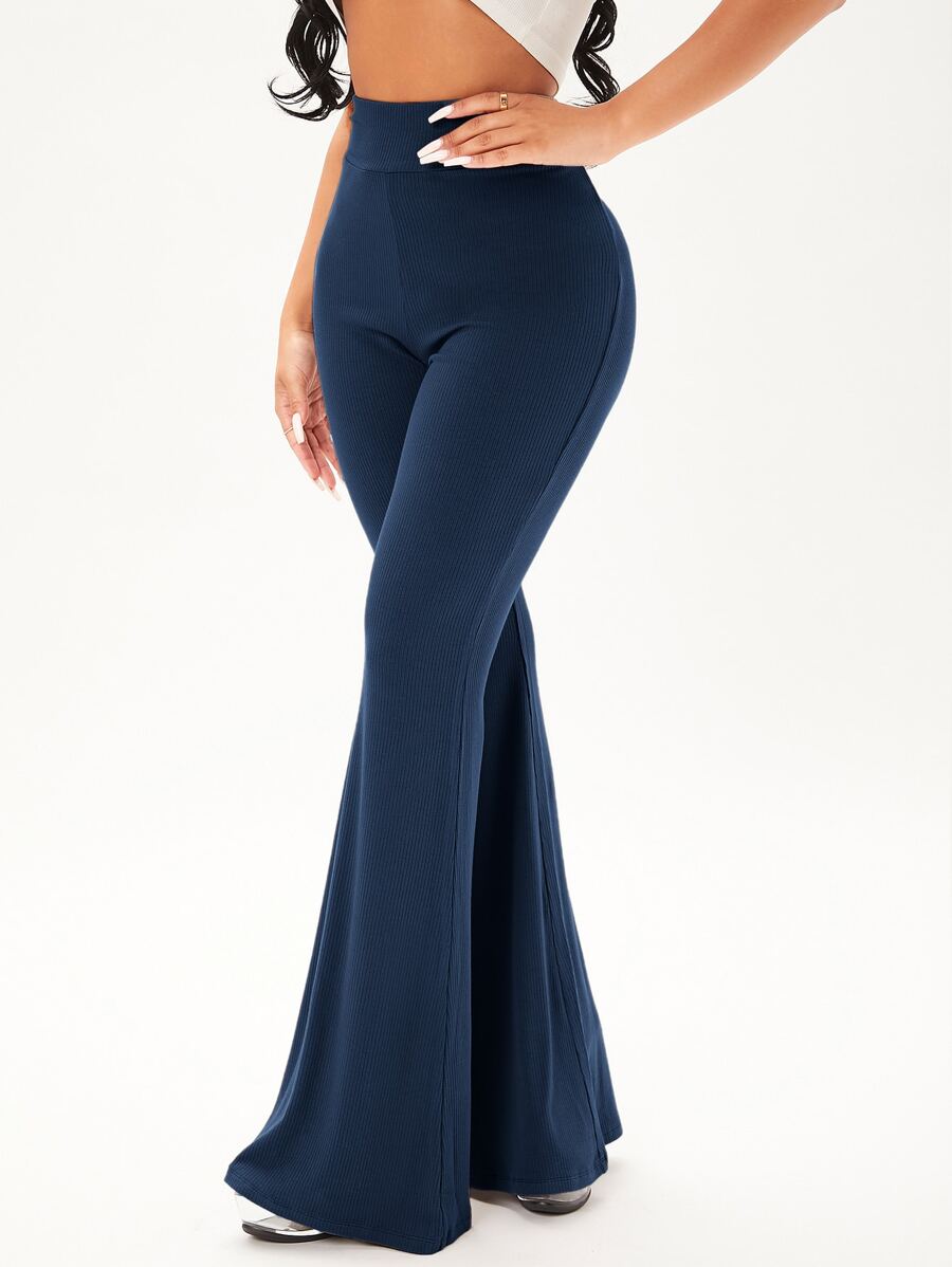 SHEIN SXY 净色罗纹针织喇叭裤 - 藏蓝色 - 查看 1