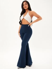 SHEIN SXY 净色罗纹针织喇叭裤 - 藏蓝色 - 查看 3