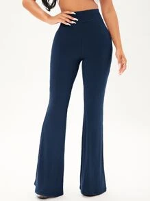 SHEIN SXY 净色罗纹针织喇叭裤 - 藏蓝色 - 查看 4