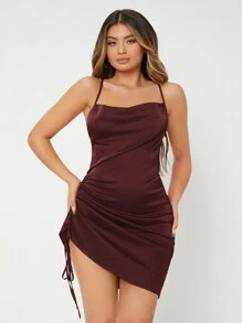 SHEIN SXY Drawstring Ruched Crisscross Cami Satin Dress - Coffee Brown - View 1