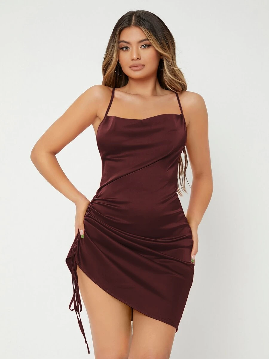 SHEIN SXY Drawstring Ruched Crisscross Cami Satin Dress - Coffee Brown - View 1