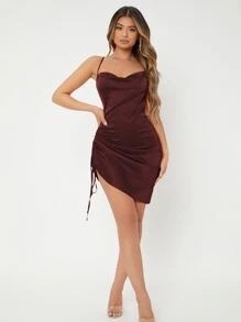 SHEIN SXY Drawstring Ruched Crisscross Cami Satin Dress - Coffee Brown - View 3