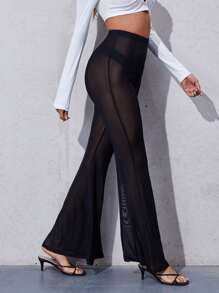 SHEIN High Waist Sheer Mesh Flare Leg Pants Without Panty - Black - View 3