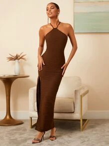 COSMINA Textured Criss-cross Tie Backless Split Thigh Dress - Coffee Brown - View 6