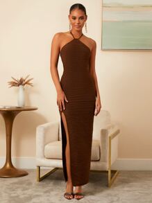COSMINA Textured Criss-cross Tie Backless Split Thigh Dress - Coffee Brown - View 4