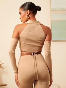 SHEINNeu Cold Shoulder O-ring Ruched Crop Tee - Apricot - View 2