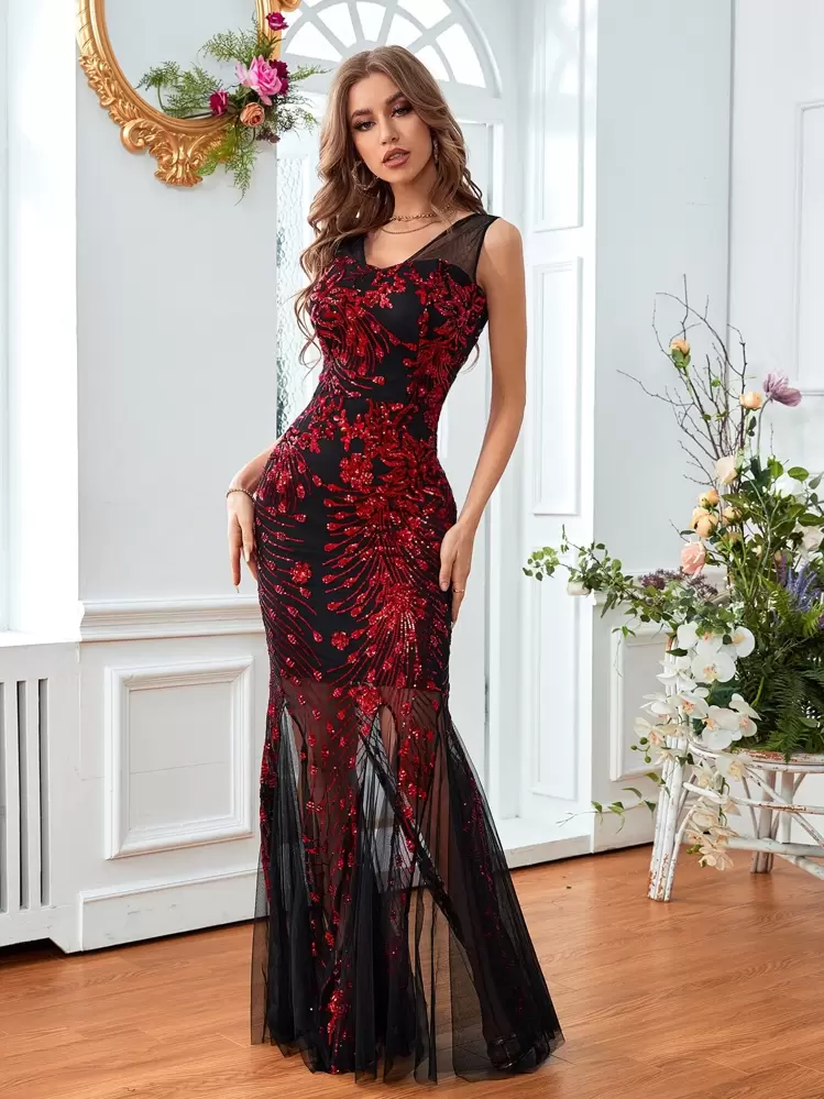 SHEIN Belle Split Thigh Contrast Sequin Mesh Prom Dress, Wedding Guest Dress - Multicolor - View 3